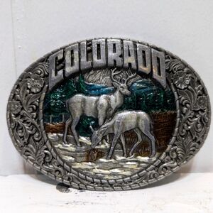 Colorado Metal Belt Buckle Nature Scene Deer 3.5" By Indiana Metal Craft 1983